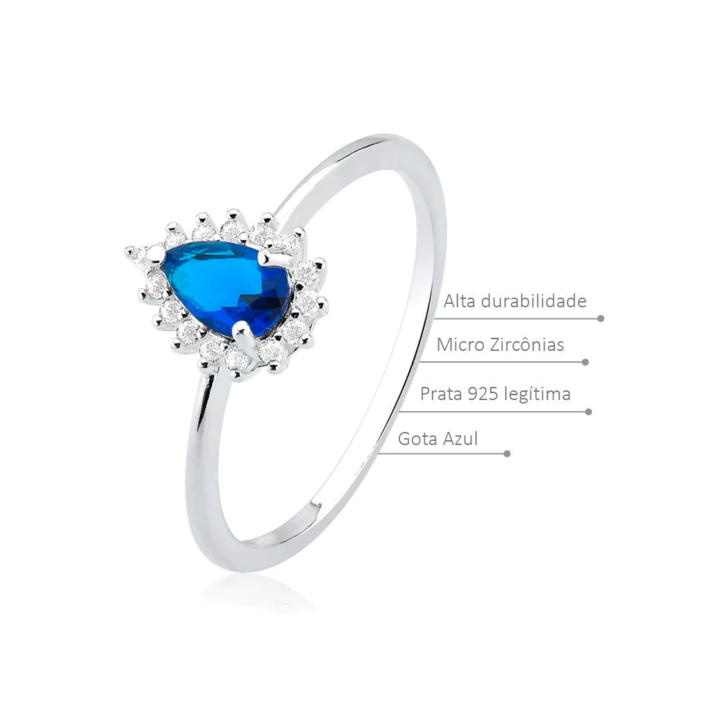 Anillo de plata con forma de lágrima azul oscuro y engaste pavé